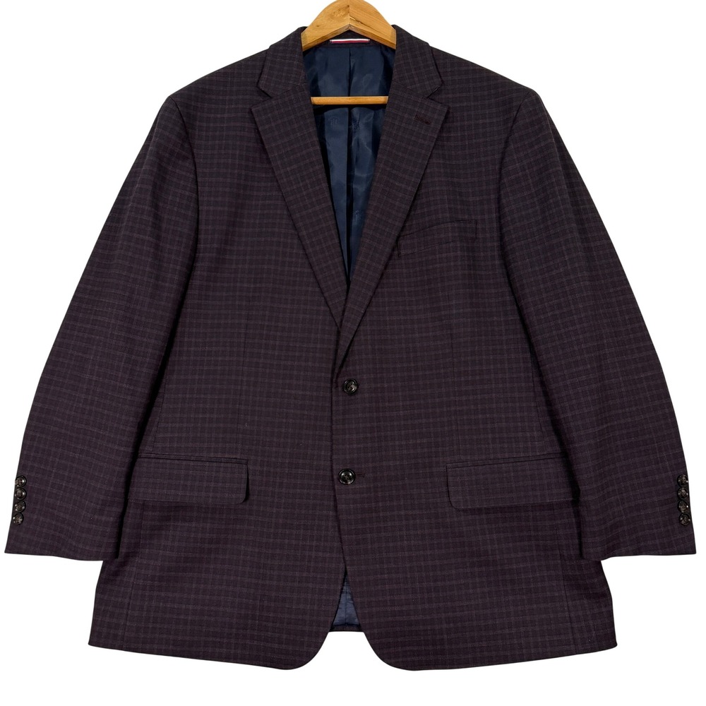 NEW Tommy Hilfiger Mens 46R Blazer Maroon Blue Plaid Micro Check 2 Button Jacket